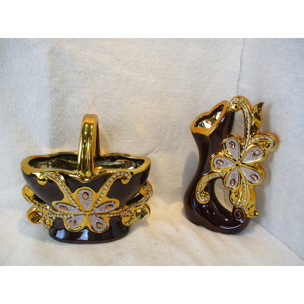 Vase Basket Set Brown Gold Rhinestone Excellent Ornate Flower Ceramic